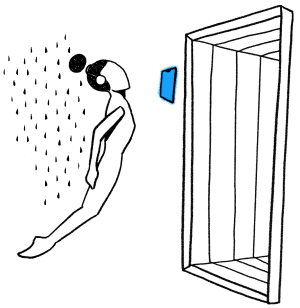 Drawing of a woman floating in front of a door frame